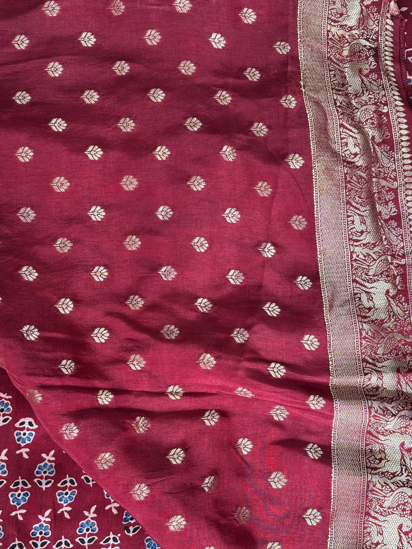 Madder Red  Ajrakh Hand Block Printed Smal Floral Buta Dola Silk Saree