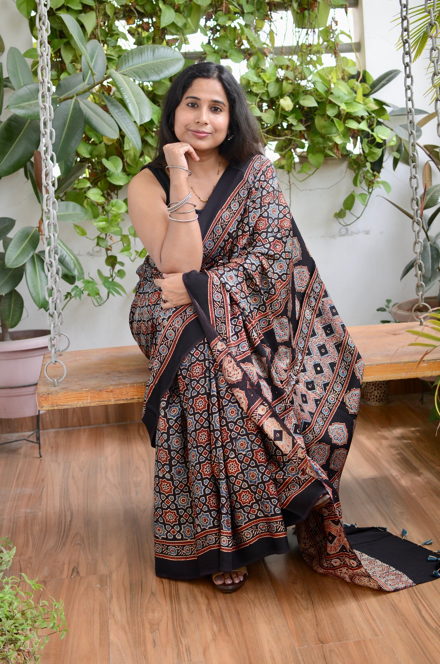 Mita- Natural Dyed Ajrakh Hand Block Printed Geometrical Motif Modal Saree