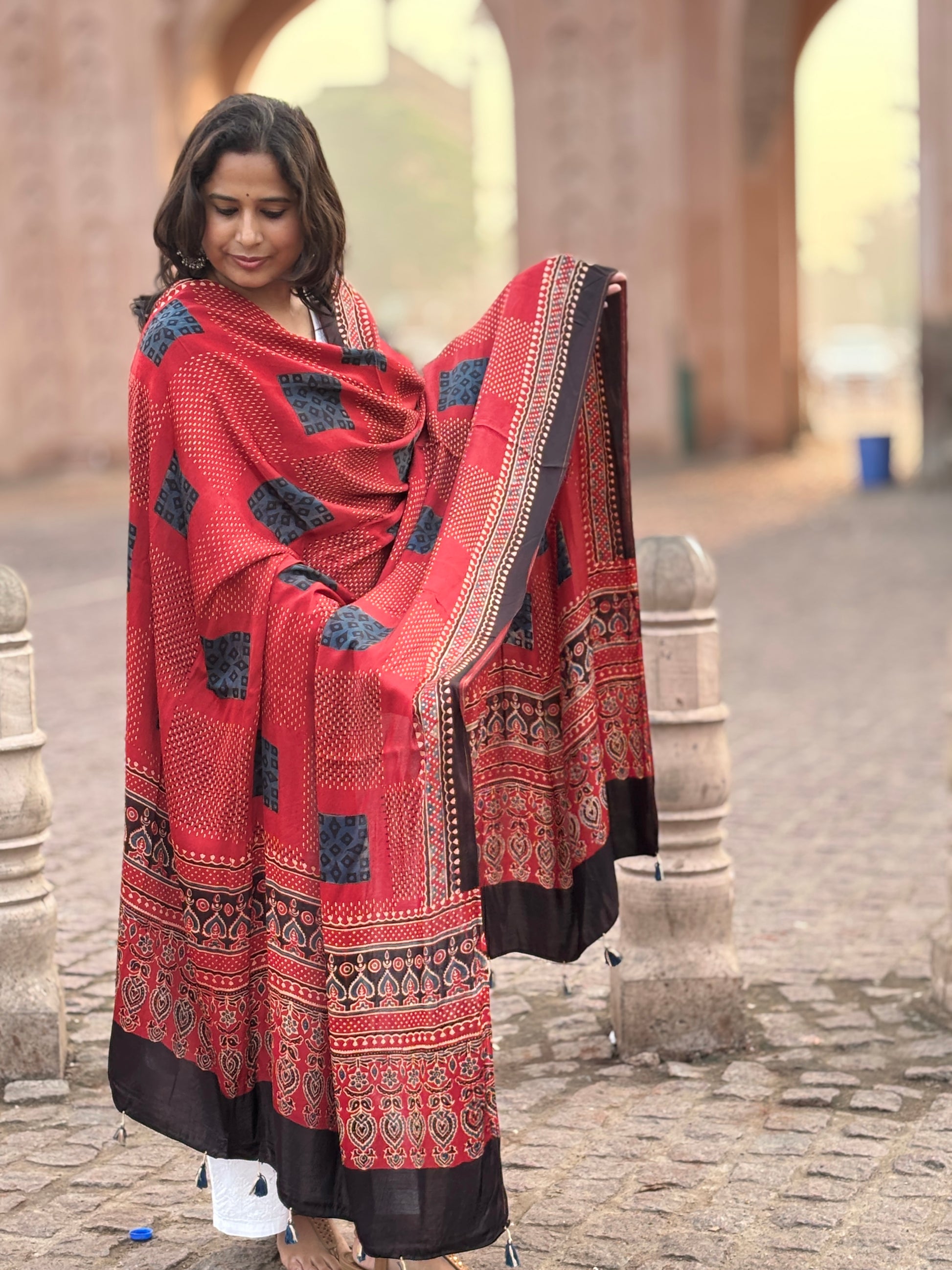 Madder Colour Dupatta With Contemporari Motif,ajrakh modal dupatta,front view