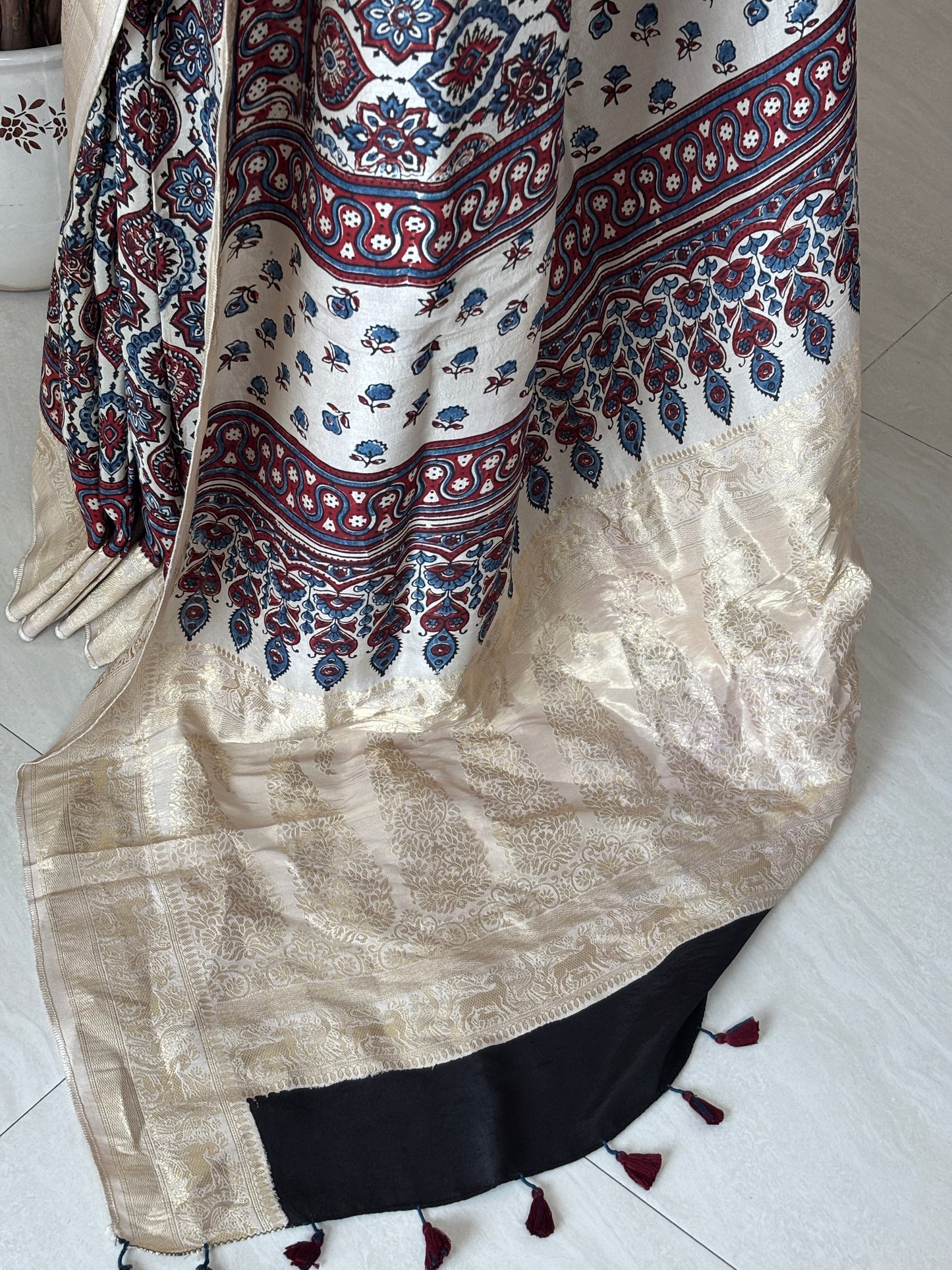 Pale Ivory Ajrakh Hand Block Printed Badambuta Dola Silk Saree