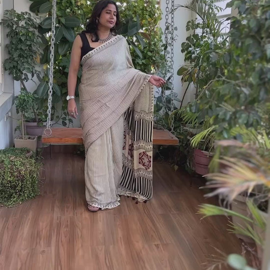 Ajrakh Modal Stripe Offwhite Saree, Ajrakh Modal Contemporary Saree, video
