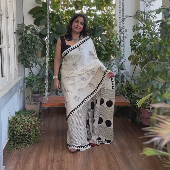 Ajrakh White Modal Saree, Ajrakh Modal Saree, Ajrakh Polkadot Saree ,Close Video